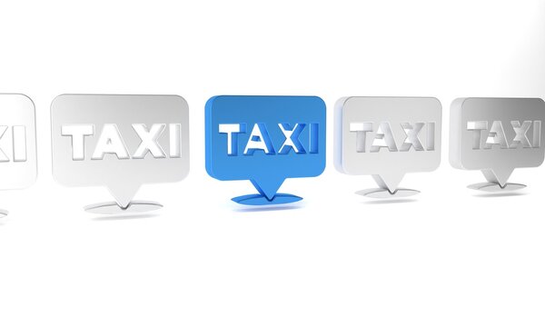 Blue Map pointer with taxi icon isolated on white background. Location symbol. Minimalism concept. 3D render illustration