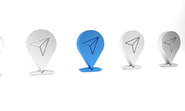 Blue Map pin icon isolated on white background. Navigation, pointer, location, map, gps, direction concept. Minimalism concept. 3D render illustration