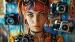 © Dennis - A young woman with dyed hair and eclectic fashion, surrounded by vintage cameras and artistic prints