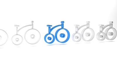 Wall Mural - Blue Vintage bicycle with one big wheel and one small icon isolated on white background. Bike public transportation sign. Minimalism concept. 3D render illustration