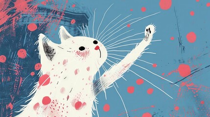 Wall Mural -   A drawing depicts a white cat with red spots on its body and paws, stretching upward toward the sky