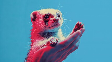 Wall Mural -   A close-up of a ferret on a person's hand against a blue sky background