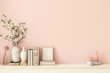 Wall Mural - A shelf unit is neatly arranged with decorative items, including books, vases, and photo frames, enhancing the soft pastel wall's calming effect. Generative AI