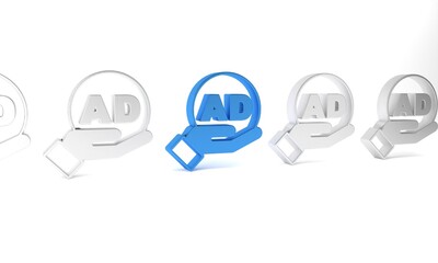 Sticker - Blue Advertising icon isolated on white background. Concept of marketing and promotion process. Responsive ads. Social media advertising. Minimalism concept. 3D render illustration