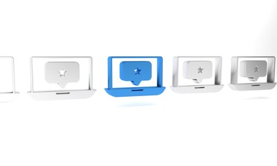 Poster - Blue Laptop with star icon isolated on white background. Favorite, best rating, award symbol. Minimalism concept. 3D render illustration