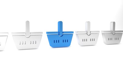 Poster - Blue Shopping basket icon isolated on white background. Online buying concept. Delivery service sign. Shopping cart symbol. Minimalism concept. 3D render illustration