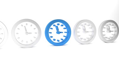 Poster - Blue Clock icon isolated on white background. Time symbol. Minimalism concept. 3D render illustration