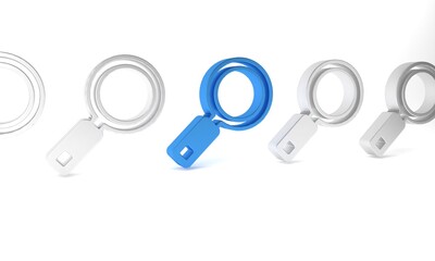 Poster - Blue Magnifying glass icon isolated on white background. Search, focus, zoom, business symbol. Minimalism concept. 3D render illustration