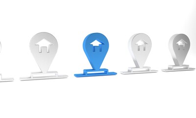 Sticker - Blue Map pointer with house icon isolated on white background. Home location marker symbol. Minimalism concept. 3D render illustration