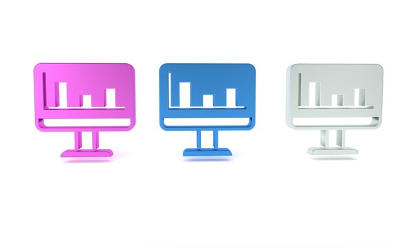Colorful Computer monitor with graph chart icon isolated on white background. Report text file. Accounting sign. Audit, analysis, planning. Minimalism concept. 3D render illustration
