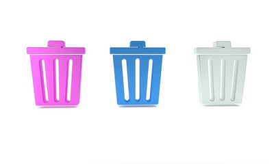 Poster - Colorful Trash can icon isolated on white background. Garbage bin sign. Recycle basket icon. Office trash icon. Minimalism concept. 3D render illustration