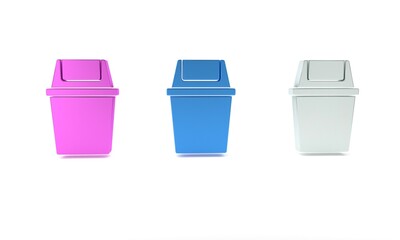 Poster - Colorful Trash can icon isolated on white background. Garbage bin sign. Recycle basket icon. Office trash icon. Minimalism concept. 3D render illustration