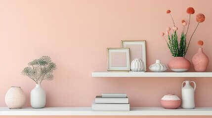 Wall Mural - A neatly arranged shelf unit showcases decorative items like books, vases, and photo frames against a calming pastel backdrop. Generative AI