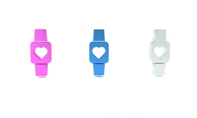 Canvas Print - Colorful Smart watch showing heart beat rate icon isolated on white background. Fitness App concept. Minimalism concept. 3D render illustration