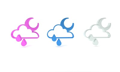 Wall Mural - Colorful Cloud with rain and moon icon isolated on white background. Rain cloud precipitation with rain drops. Minimalism concept. 3D render illustration