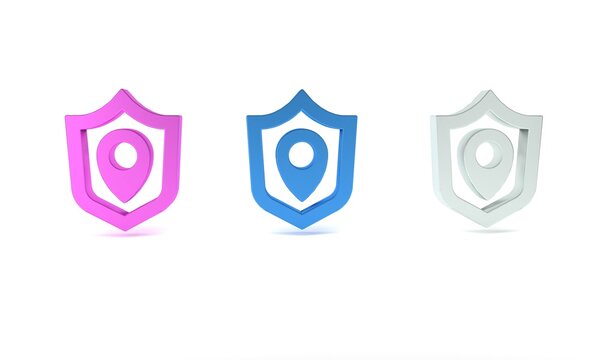 Colorful Location shield icon isolated on white background. Insurance concept. Guard sign. Security, safety, protection, privacy concept. Minimalism concept. 3D render illustration