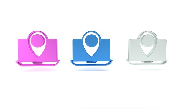 Colorful Laptop with location marker icon isolated on white background. Minimalism concept. 3D render illustration