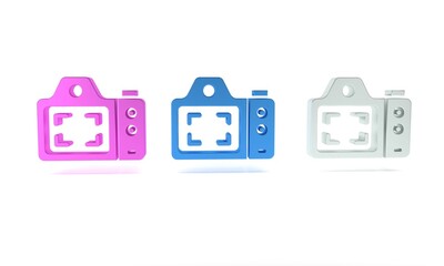 Poster - Colorful Photo camera icon isolated on white background. Foto camera. Digital photography. Minimalism concept. 3D render illustration