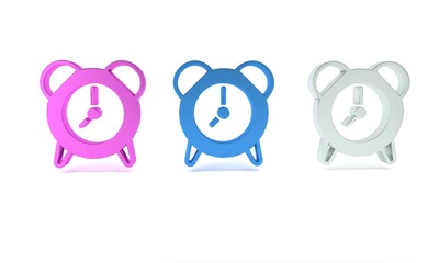 Poster - Colorful Alarm clock icon isolated on white background. Wake up, get up concept. Time sign. Minimalism concept. 3D render illustration