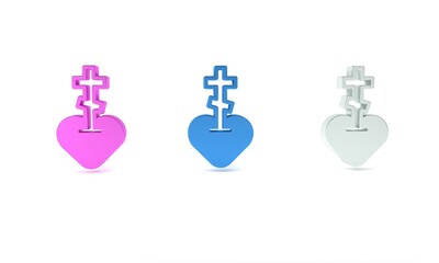 Colorful Religious cross in the heart inside icon isolated on white background. Love of God, Catholic and Christian symbol. People pray. Minimalism concept. 3D render illustration