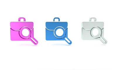 Poster - Colorful Magnifying glass with briefcase icon isolated on white background. Job hunting. Work search concept. Unemployment, head hunting, career. Minimalism concept. 3D render illustration
