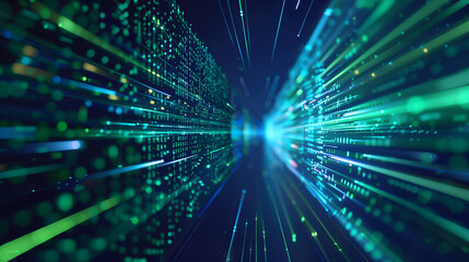 Poster - A blue and green light show with a long, curving line. The light show is made up of many small dots, creating a sense of movement and energy. Scene is dynamic and exciting