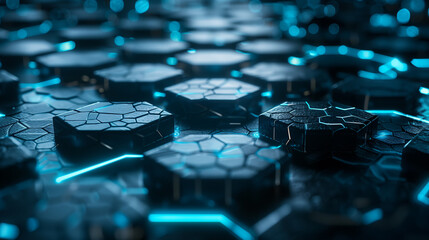 Poster - A blue and black image of a pattern of hexagons. The image is of a computer chip or a computer chip design