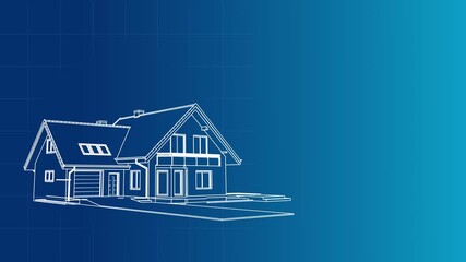 Drawing of construction of private house on blue background. 3D animation of construction process. Concept of construction business. Video 4K