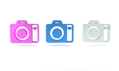 Poster - Colorful Photo camera icon isolated on white background. Foto camera. Digital photography. Minimalism concept. 3D render illustration