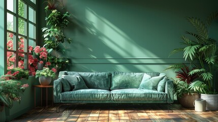 Wall Mural - Modern green living room design with sofa and furniture with flowers.