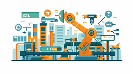 Poster - A colorful illustration of a cityscape with various buildings and vehicles, including a truck, a car, and a crane. Concept of progress and industry, with the buildings