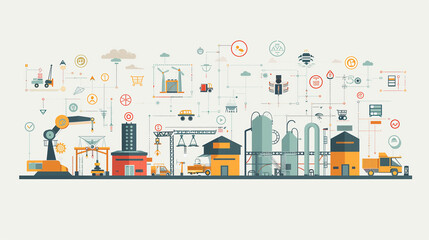 Poster - A colorful illustration of a cityscape with various buildings and vehicles, including a truck, a car, and a crane. Concept of progress and industry, with the buildings