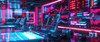 © Rutchaneewan - Explore a vibrant cyberpunk real estate scene featuring neon lights and futuristic holographic transaction boards, perfect for your digital projects.