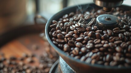 Wall Mural - Vintage coffee beans in old grinder with shallow focus and retro filter