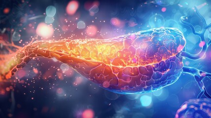 Wall Mural - A colorful, abstract image of a cell with a blue stem and red and orange spikes