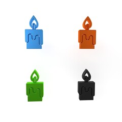 Canvas Print - Colorful Burning candle icon isolated on white background. Cylindrical candle stick with burning flame. Minimalism concept. 3D render illustration