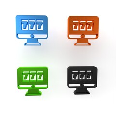 Poster - Colorful Online slot machine with lucky sevens jackpot icon isolated on white background. Online casino. Minimalism concept. 3D render illustration