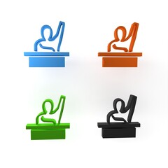 Poster - Colorful Active male kid raising hand answering to teacher question icon isolated on white background. An elementary student raises his hand. Minimalism concept. 3D render illustration