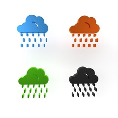 Wall Mural - Colorful Cloud with rain icon isolated on white background. Rain cloud precipitation with rain drops. Minimalism concept. 3D render illustration