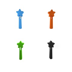 Wall Mural - Colorful Magic wand icon isolated on white background. Star shape magic accessory. Magical power. Happy Halloween party. Minimalism concept. 3D render illustration