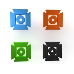 Poster - Colorful Movie spotlight icon isolated on white background. Light Effect. Scene, Studio, Show. Minimalism concept. 3D render illustration