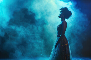 Wall Mural - Performer of jazz songs on smoky stage in a shiny dress. A woman on stage in the spotlight.