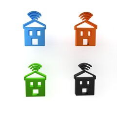 Poster - Colorful Smart home with wi-fi icon isolated on white background. Remote control. Minimalism concept. 3D render illustration
