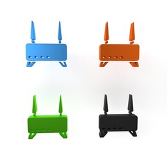 Poster - Colorful Router and wi-fi signal icon isolated on white background. Wireless ethernet modem router. Computer technology internet. Minimalism concept. 3D render illustration