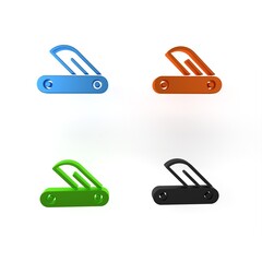 Poster - Colorful Swiss army knife icon isolated on white background. Multi-tool, multipurpose penknife. Multifunctional tool. Minimalism concept. 3D render illustration