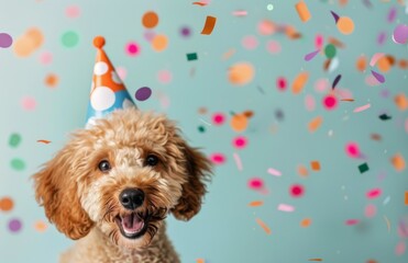 Wall Mural - Dog Wearing Birthday Hat With Confetti