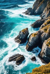 rolling ocean waves crashing rugged coastal cliffs majestic sea foam rocky shoreline, water, blue, nature, scenic, surf, tide, horizon, sky, beach, splash, spray