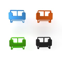 Poster - Colorful Sofa icon isolated on white background. Minimalism concept. 3D render illustration