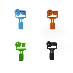 Poster - Colorful Action extreme camera icon isolated on white background. Video camera equipment for filming extreme sports. Minimalism concept. 3D render illustration