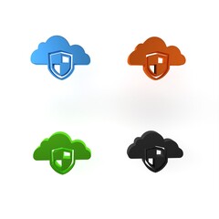 Poster - Colorful Cloud and shield icon isolated on white background. Cloud storage data protection. Security, safety, protection, privacy concept. Minimalism concept. 3D render illustration